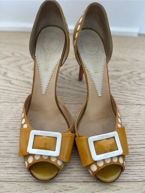 Emporio Armani Mustard Patent Peep-Toe Heels with White Buckle